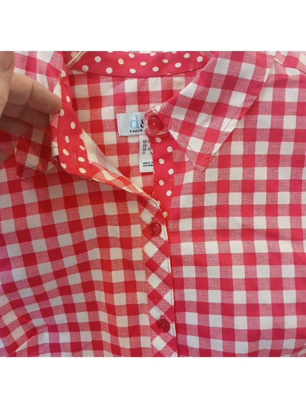 Denim & Co XXS Pink White Gingham Button Shirt Contrast Cuffs Cotton Blend #D-27 - Picture 9 of 11